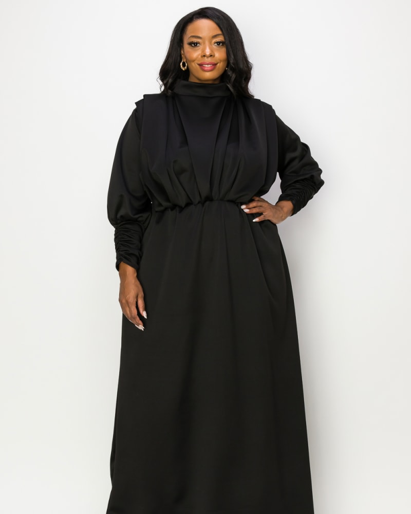 Front of a model wearing a size 3X Laufey Pleated Bodice Maxi Dress in Black by L I V D. | dia_product_style_image_id:251586